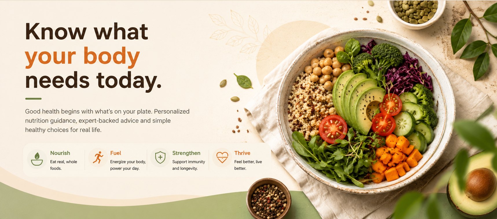 Know what your body needs today. A colourful nourish bowl of quinoa, chickpeas, avocado, broccoli, tomatoes, cucumber and greens — Nourish, Fuel, Strengthen, Thrive.